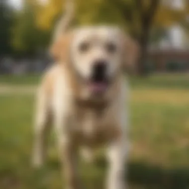 A happy yellow Labrador Retriever playing in a park, symbolizing responsible ownership