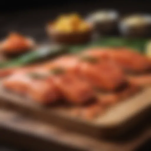 A selection of various salmon fillets on a wooden board showcasing their vibrant colors and textures.