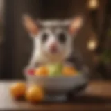 A sugar glider enjoying a bowl of fresh fruits