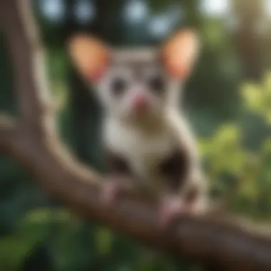 A sugar glider perched on a branch surrounded by greenery