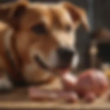 Dog Chewing on Ham Bone A happy dog chewing on a ham bone, highlighting the enjoyment of the treat.