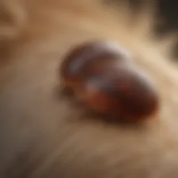 A close-up view of a dog with ticks on its fur