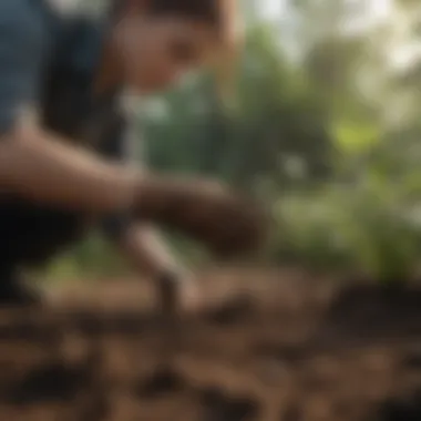 A person applying a biological control method in plant soil