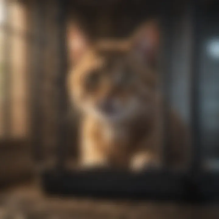 Calm cat inside a humane trap