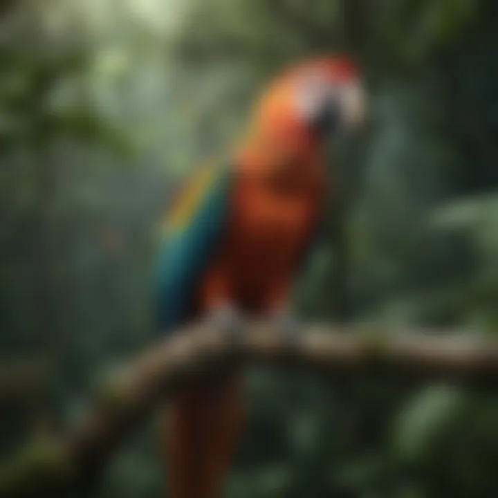 A colorful macaw perched on a branch amid the rainforest canopy