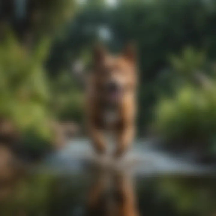 A playful dog splashing in a shallow pond surrounded by lush greenery