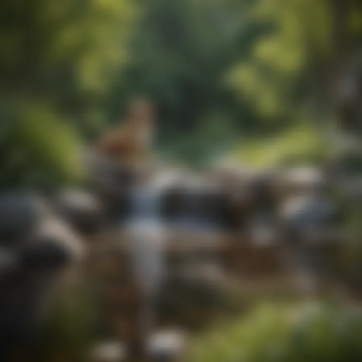 An elegant backyard with a natural stream designed for dog enjoyment