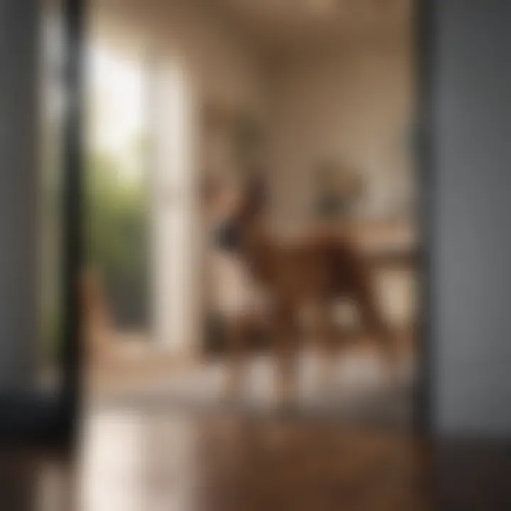 A dog happily using a sliding glass door to go outside.