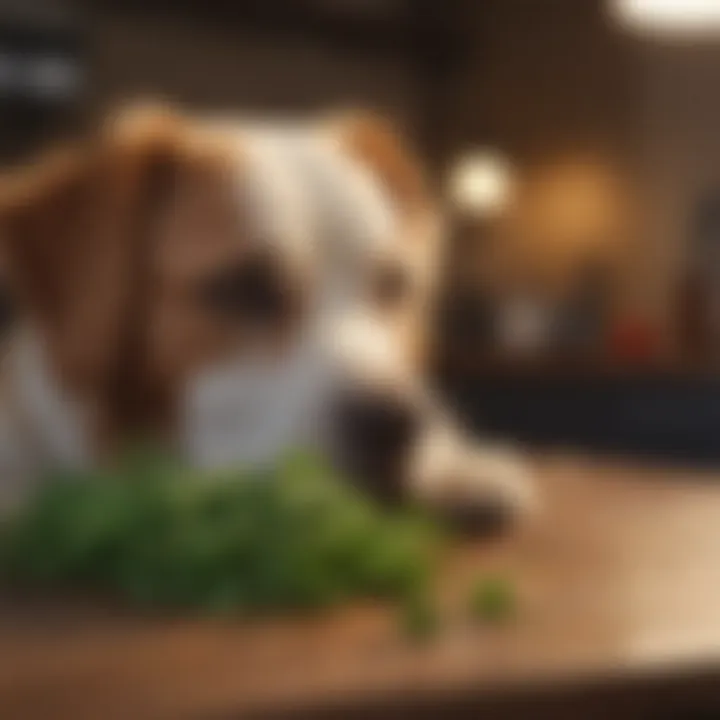 Dog curious about parsley on a table