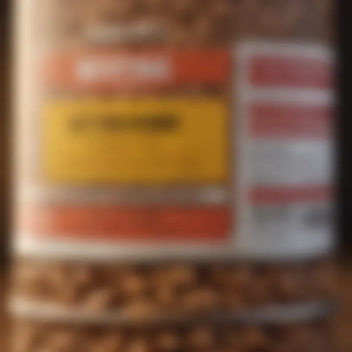 Close-up of a dog food label highlighting nutritional information