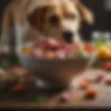 A bowl filled with raw meat and vegetables for dogs