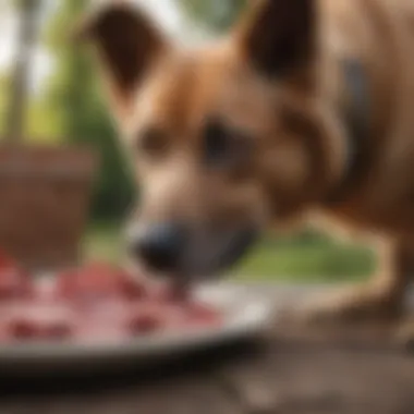 A dog enjoying a meal of raw meat outdoors