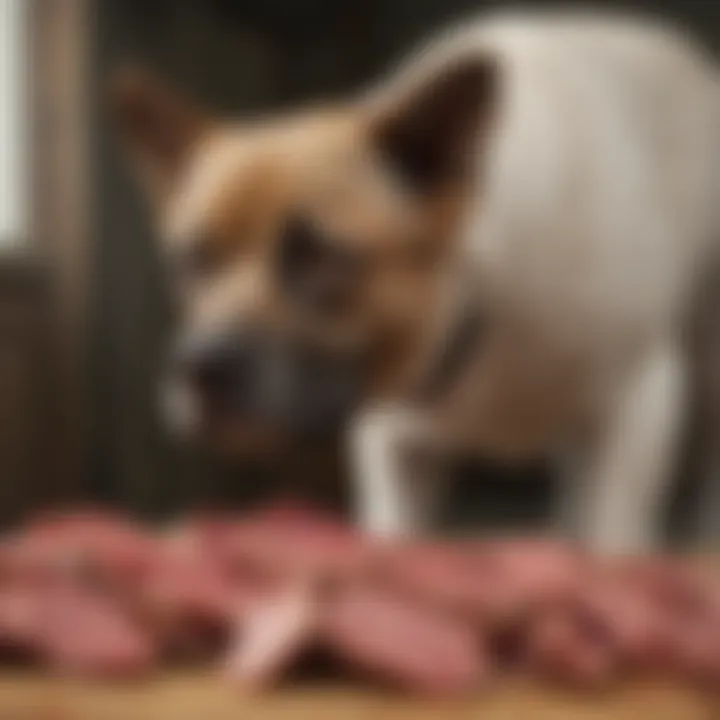 A veterinarian examining a dog with a raw meat diet