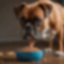 A robust Boxer enjoying a bowl of nutritious dog food.