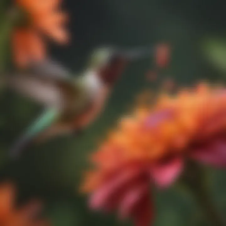 A close-up of a hummingbird feeding on nectar from a colorful flower.