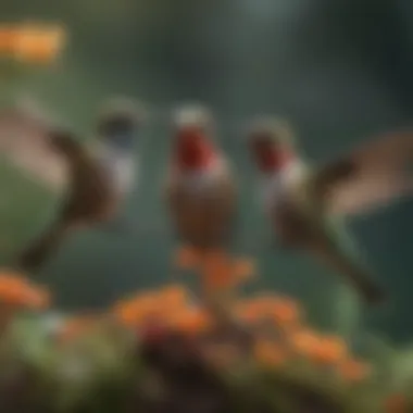 Social Interactions Among Hummingbirds A group of hummingbirds interacting, highlighting their social behavior.