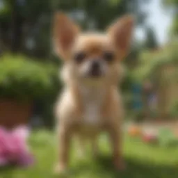 A playful Chihuahua showcasing its energetic personality in a vibrant garden.