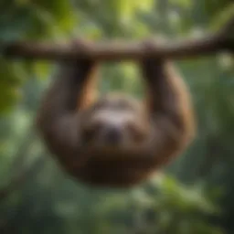 A sloth hanging from a tree branch in its natural habitat