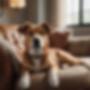 Charming Mutt Relaxing at Home A charming mutt happily resting on a cozy couch