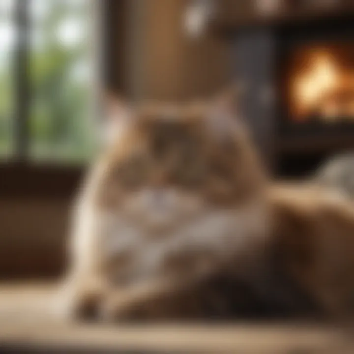 A cozy home environment featuring a Siberian cat resting