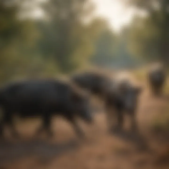 Wild hogs roaming freely in the Alabama countryside, illustrating their natural behavior.