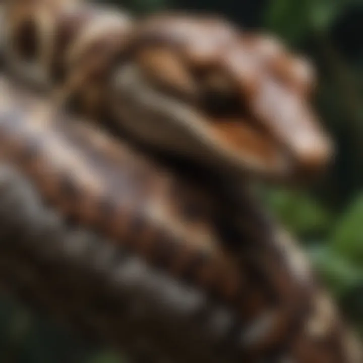 A close-up of a strikingly patterned boa constrictor resting on a branch