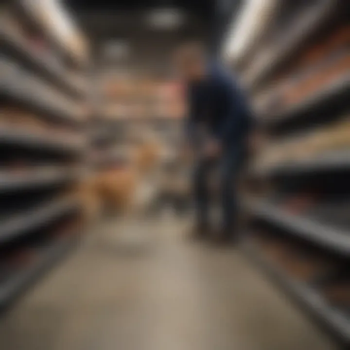 Dog owner selecting anti-dig shoes for their pet in a pet store