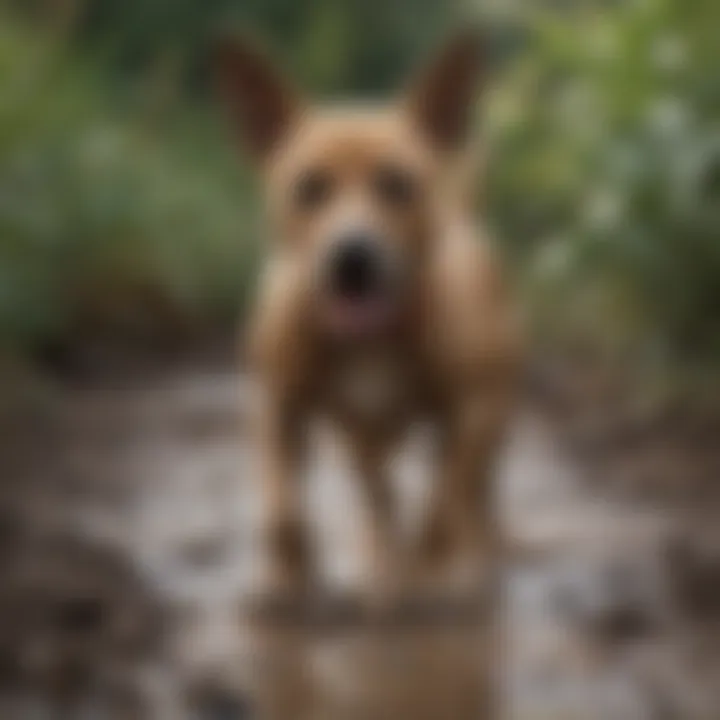 Dog playing in the mud while wearing anti-dig shoes, highlighting their protective function