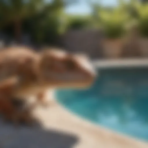 Bearded dragon exploring the edge of a swimming pool