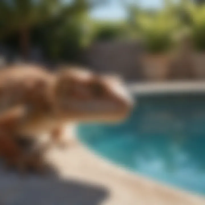 Bearded dragon exploring the edge of a swimming pool