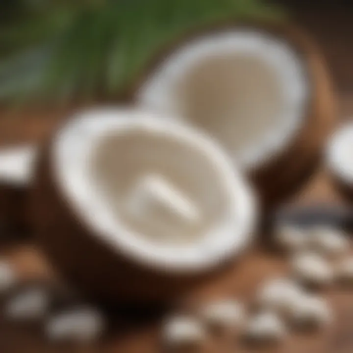 Close-up of coconut oil in a bowl surrounded by coconut shells