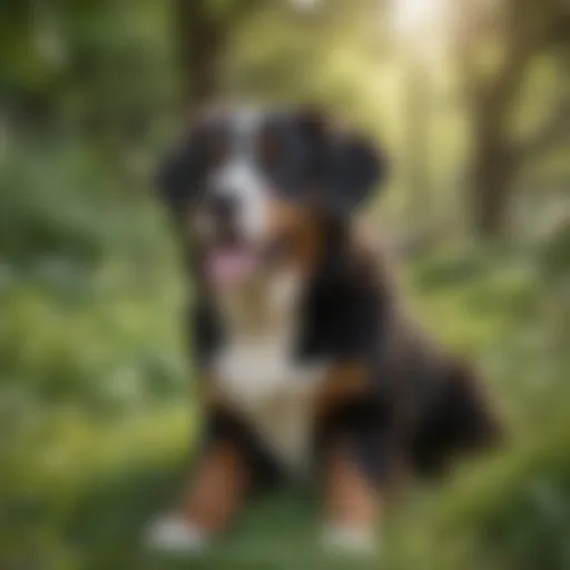 Bernese Mountain Dog Doodle posing in a lush green park