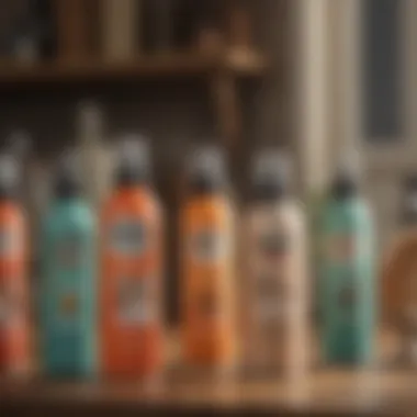 Various cat repellent sprays lined up on a table.