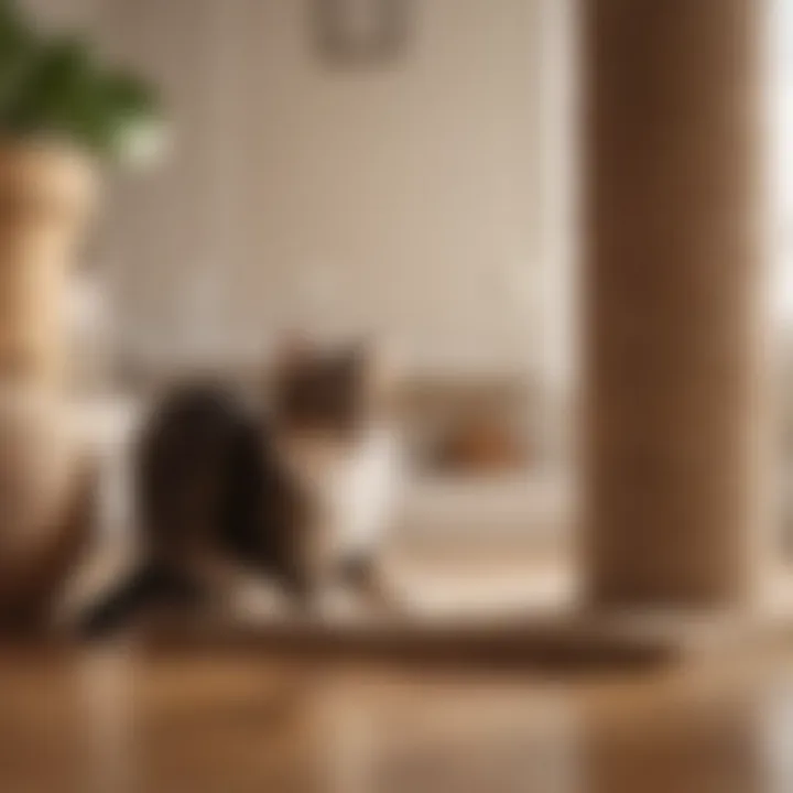 A cat playing near a designated scratching post with a barrier around furniture.