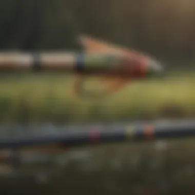 A close-up of a fly fishing rod and colorful flies arranged neatly
