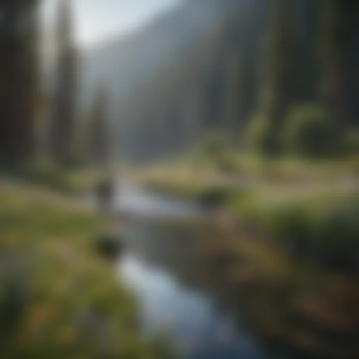 A tranquil fishing spot surrounded by vibrant wildflowers and a winding stream