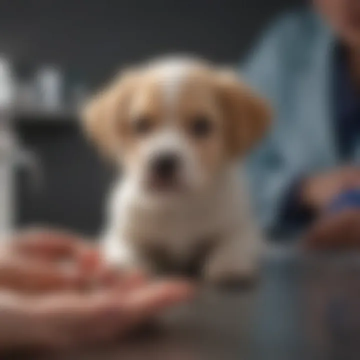 A vet demonstrating how to administer worm medication to a puppy.