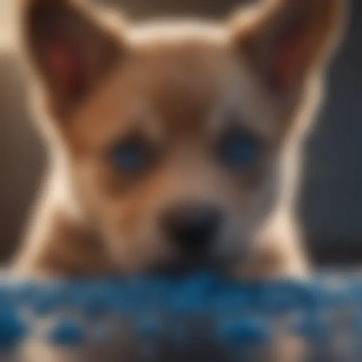 Close-up of a curious puppy inspecting blue food