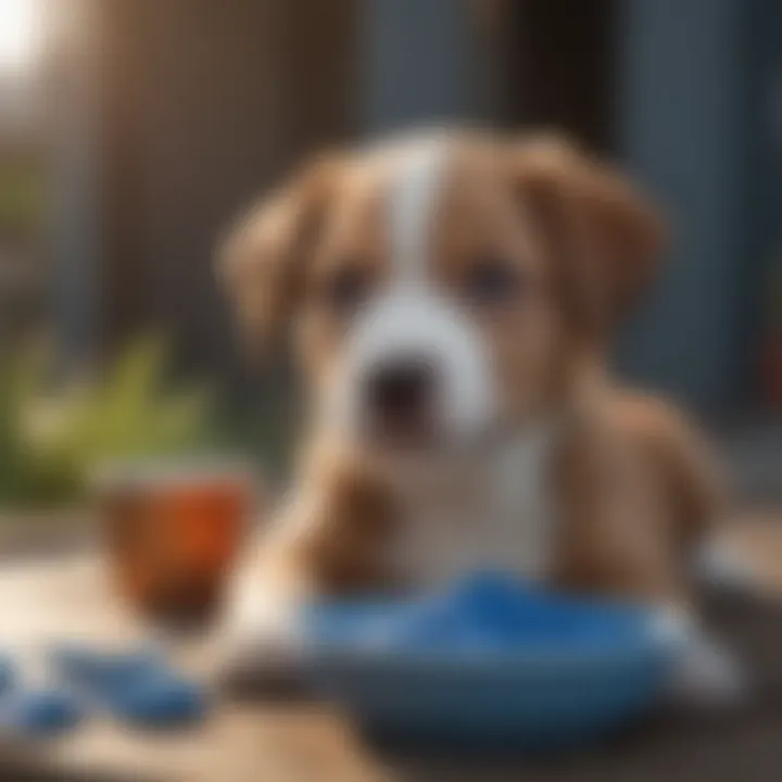 A happy puppy enjoying a meal of blue food outdoors