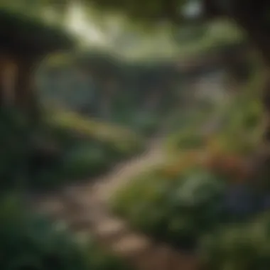 Lush Overview of a Witch's Garden An overview of a lush witch's garden, featuring a variety of plants arranged harmoniously within an enchanting landscape.