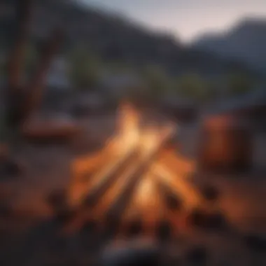 Warm Campfire at Dusk Campfire glowing at dusk, creating a warm atmosphere in the wilderness