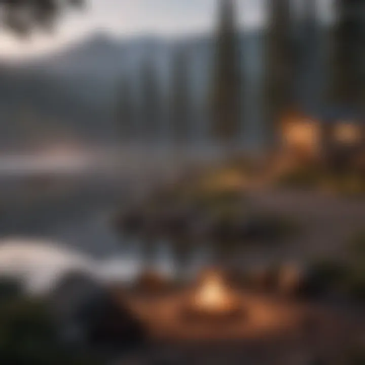 A serene lakeside campsite with a glowing campfire at dusk.