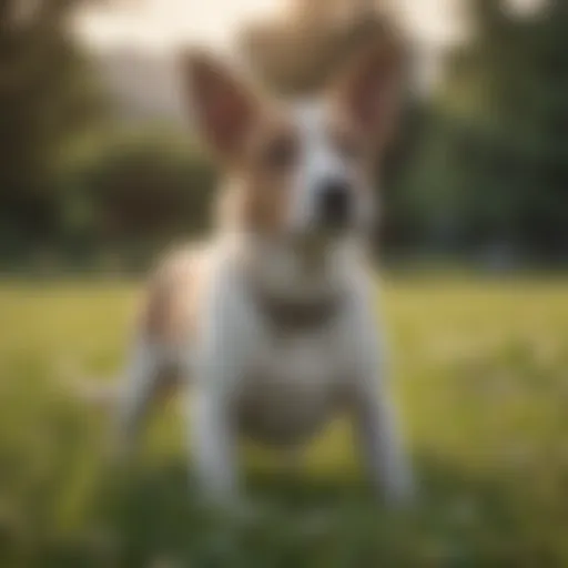 A dog grazing on grass in a sunny meadow