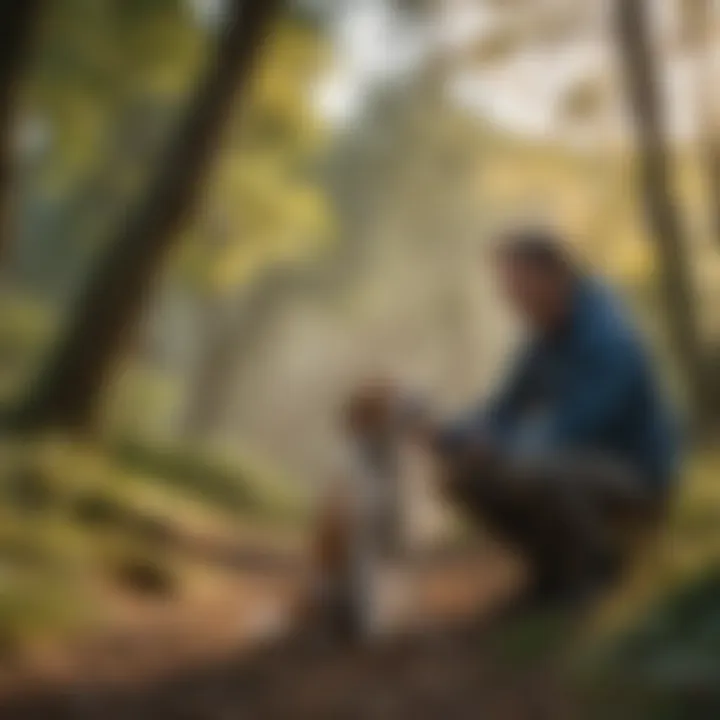 A serene moment of a dog and its owner enjoying companionship in nature.