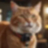 A close-up view of a cat wearing a collar tracker with a camera.