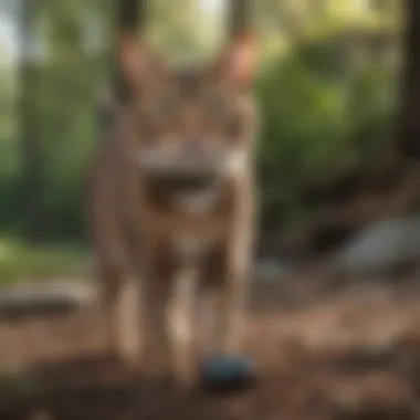 A serene image depicting a cat exploring outdoors with a collar tracker.