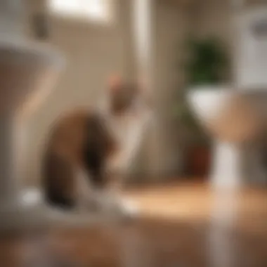 A serene home environment featuring a cat using the toilet-connected litter box.