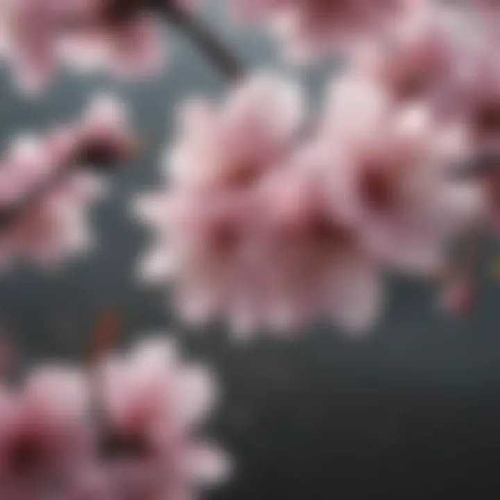 Close-up of cherry blossom petals with dewdrops