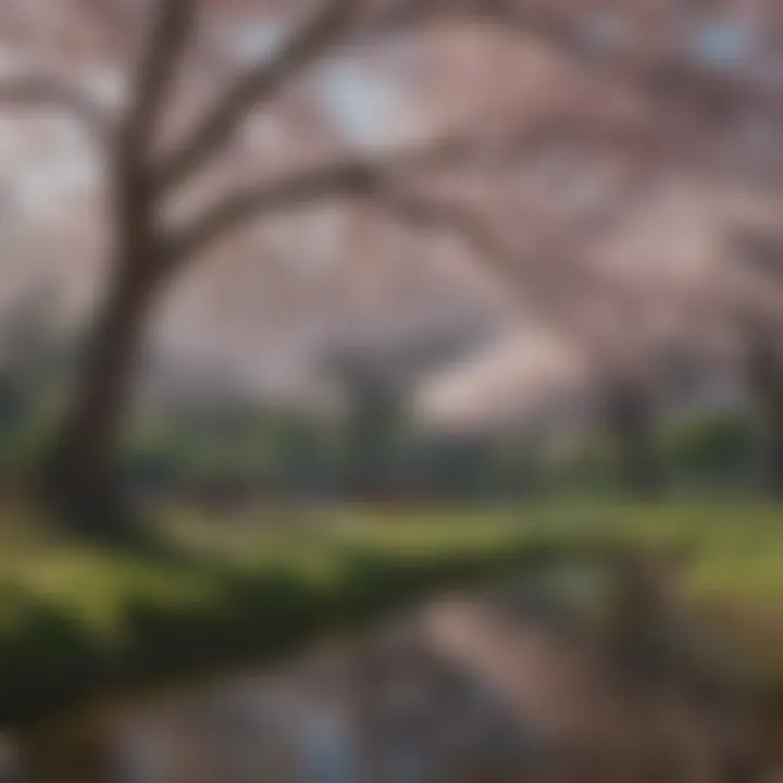 A serene park scene featuring cherry blossoms and a tranquil pond