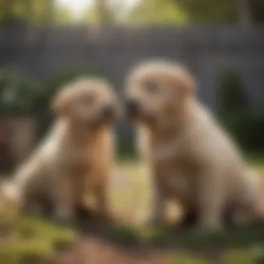 Chow Lab puppies interacting with children in a backyard